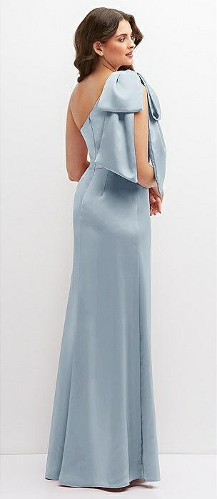 Draped One-shoulder Maxi Bridesmaid Dress With Scarf Bow In Mist