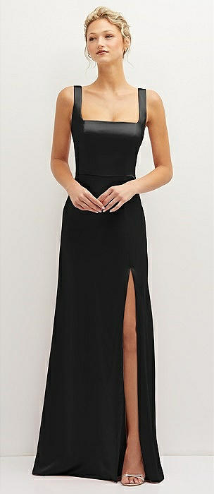 G0826 Square Neck Pearl Detailed Evening Dress Black