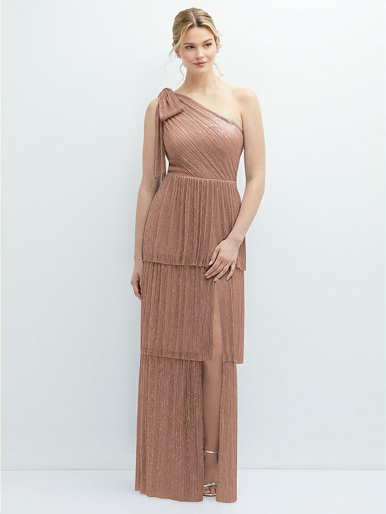 Dramatic Ruffle Edge One shoulder Metallic Pleated Maxi Bridesmaid