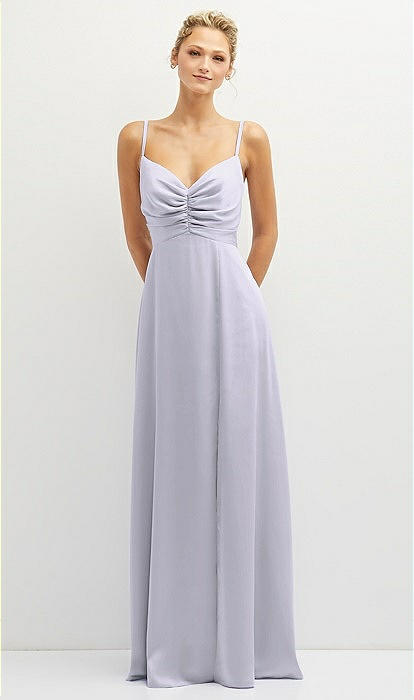 Vertical Ruched Bodice Satin Maxi Dress with Full Skirt