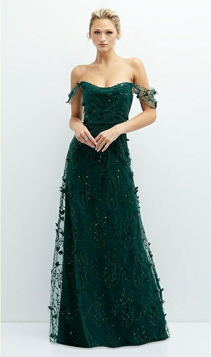Off-the-shoulder A-line 3d Floral Embroidered Bridesmaid Dress In Evergreen