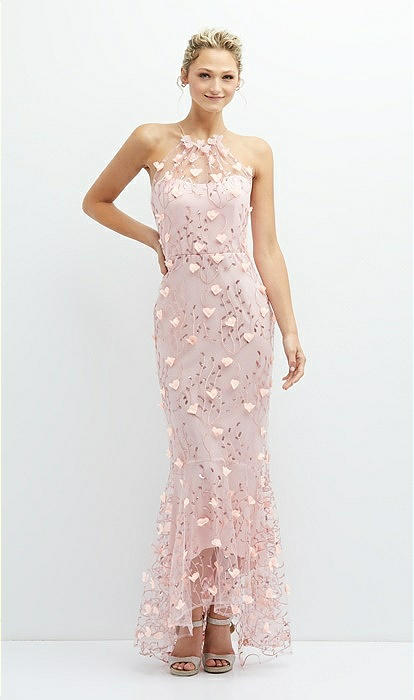 Sheer Halter Neck 3d Floral Embroidered Bridesmaid Dress With High-low Hem  In Rose - Pantone Rose Quartz