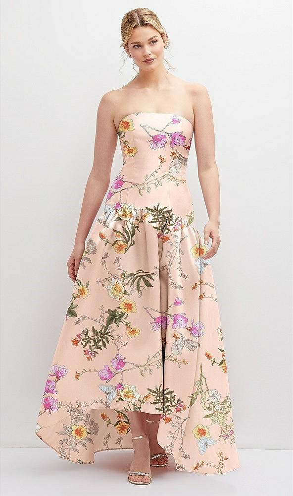 Strapless Fitted Floral Satin High Low Bridesmaid Dress With