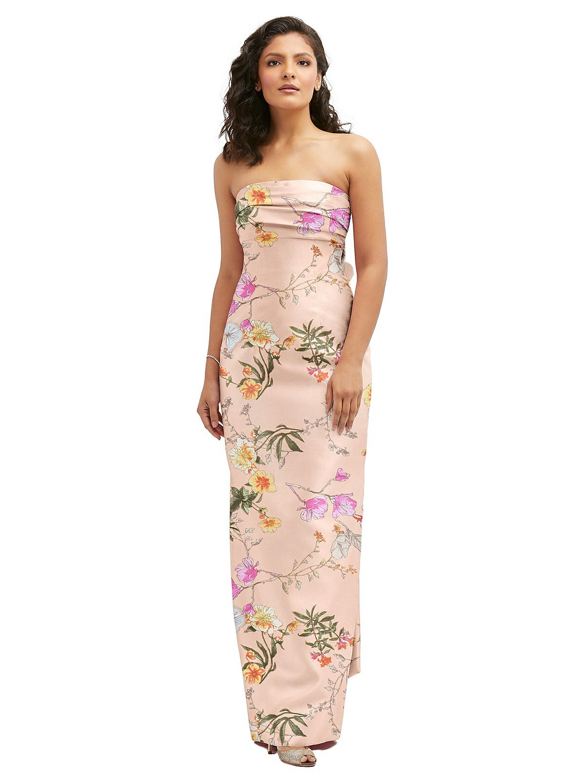 Floral Strapless Draped Bodice Column Dress with Oversized Bow