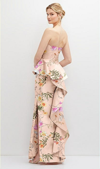 Floral Strapless Satin Maxi Bridesmaid Dress With Cascade Ruffle