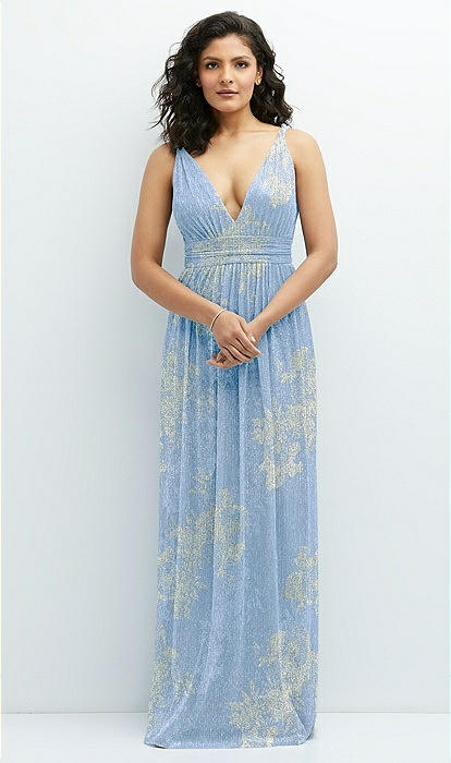 Plunge V-neck Metallic Pleated Maxi Bridesmaid Dress With Floral Gold Foil  Print In Larkspur Gold Foil