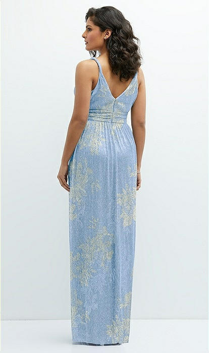 Plunge V-neck Metallic Pleated Maxi Bridesmaid Dress With Floral