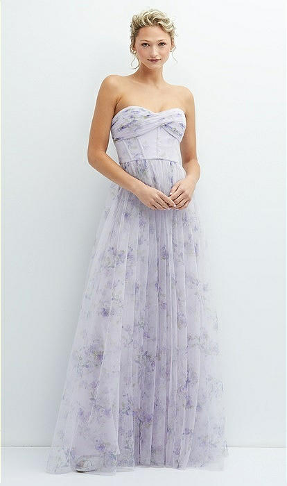 Floral Strapless Twist Cup Corset Tulle Bridesmaid Dress With Long Full  Skirt In Lilac Haze Garden