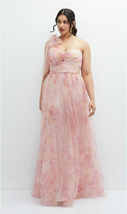 Floral Scarf Tie One-shoulder Tulle Bridesmaid Dress With Long Full Skirt  In Rose Garden | The Dessy Group