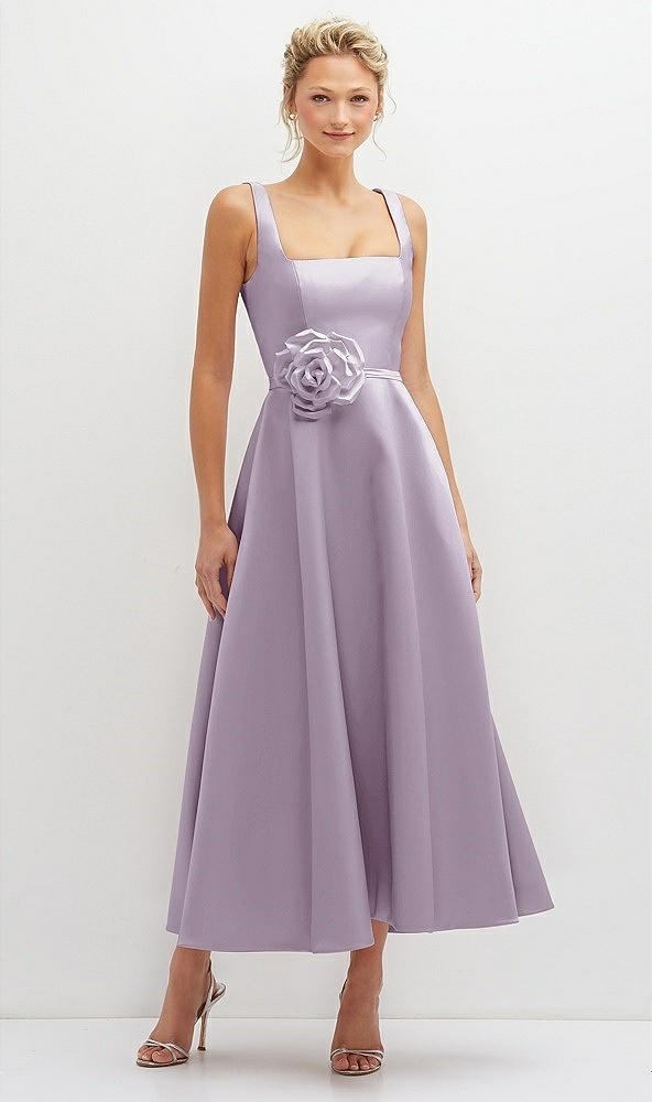 Square Neck Satin Midi Dress with Full Skirt & Flower Sash