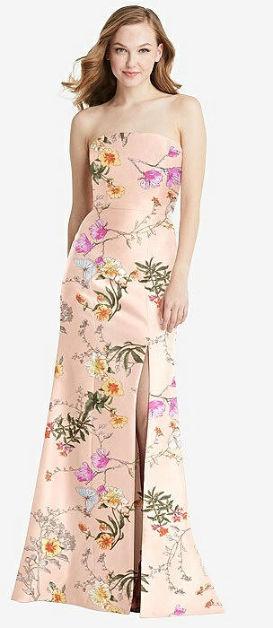 Off-the-shoulder Ruffle Neck Floral Satin Trumpet Bridesmaid Dress In  Butterfly Botanica Pink Sand