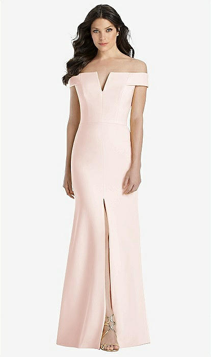 Off-the-shoulder Notch Trumpet Bridesmaid Dress With Front Slit In Blush |  The Dessy Group