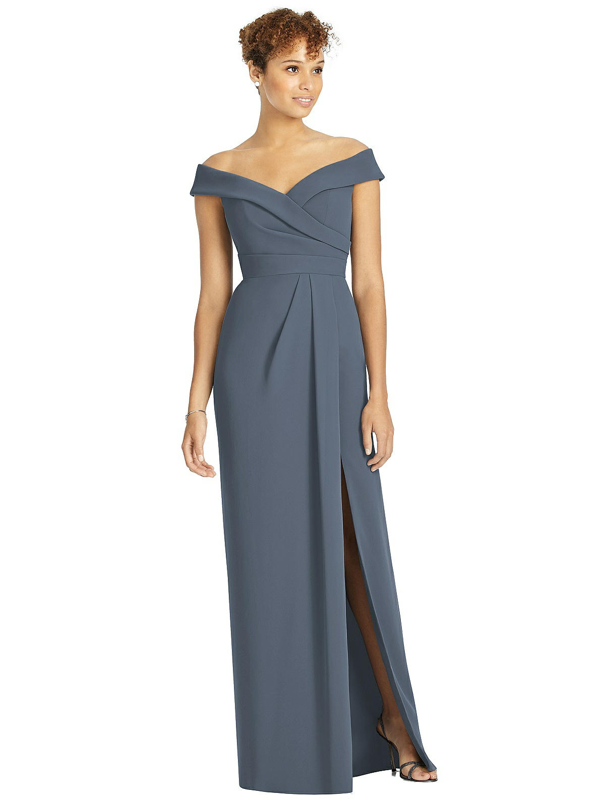 Cuffed Off-the-shoulder Faux Wrap Maxi Bridesmaid Dress With Front Slit In  Silverstone