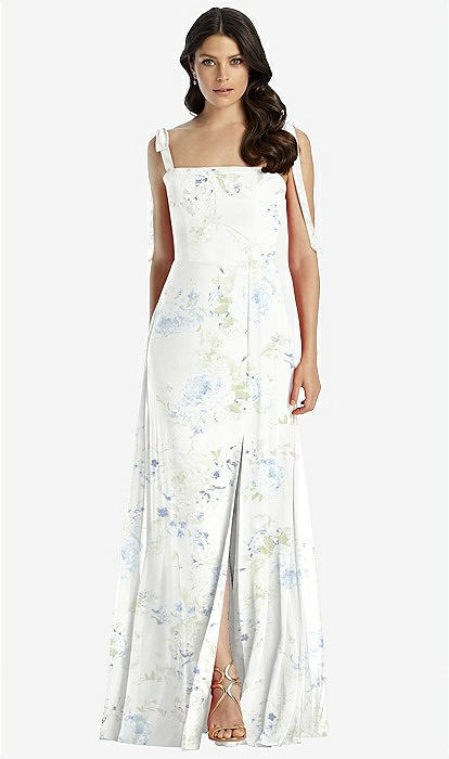 Tie-shoulder Chiffon Maxi Bridesmaid Dress With Front Slit In Bleu Garden