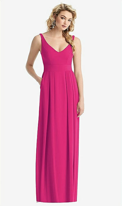 Sleeveless Pleated Skirt Maxi Bridesmaid Dress With Pockets In Think Pink