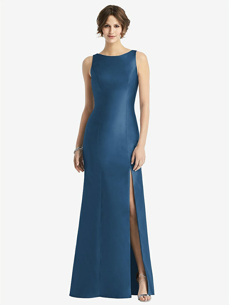 Bateau Neck Satin High Low Cocktail Bridesmaid Dress In Dusk Blue