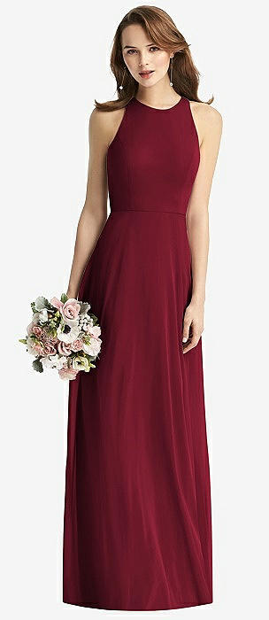 Burgundy high hot sale neck bridesmaid dresses