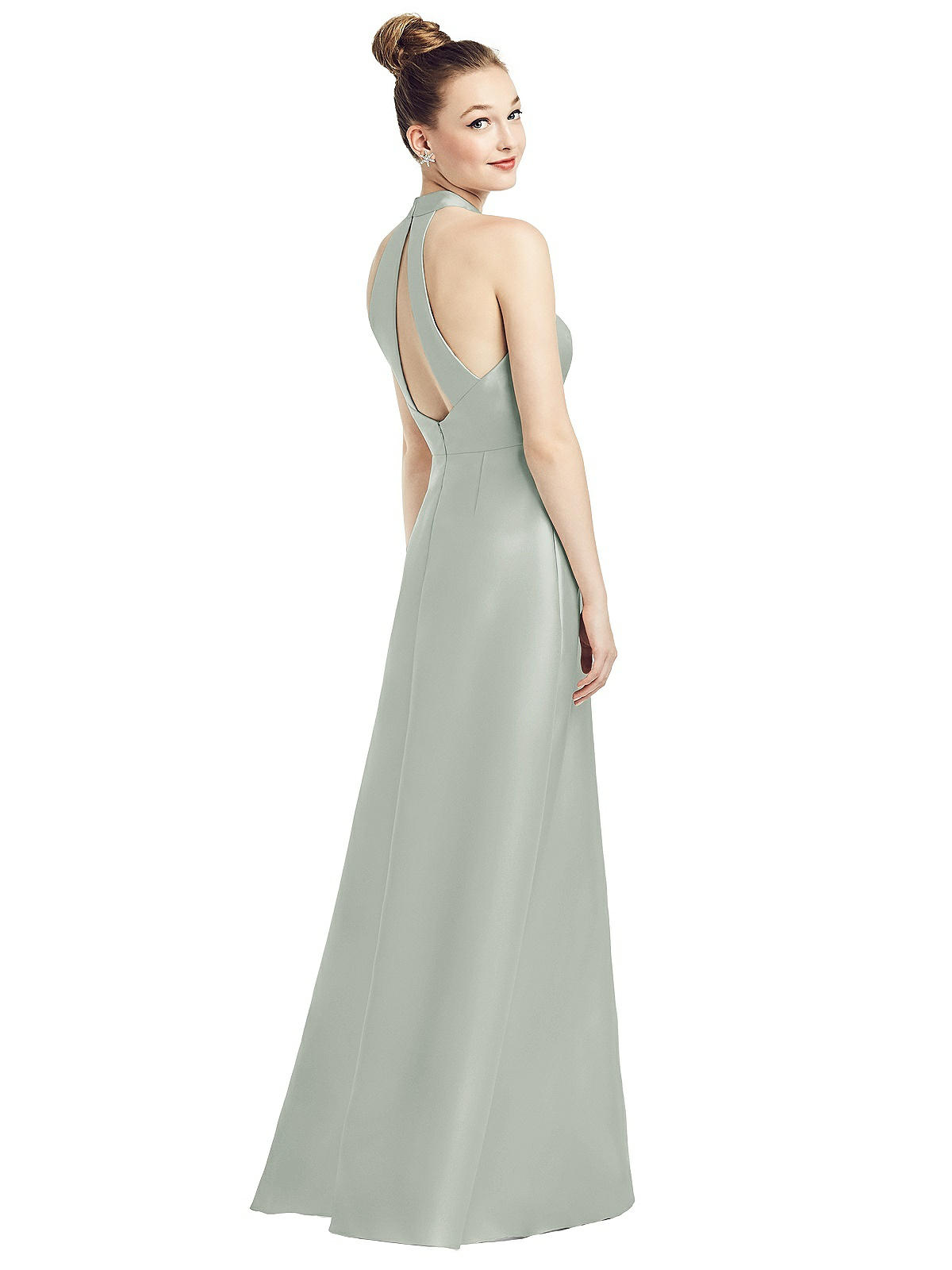 High-neck Cutout Satin Bridesmaid Dress With Pockets In Willow