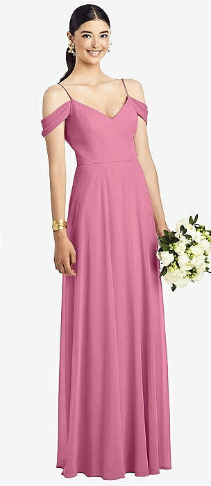 Bow-shoulder V-back Chiffon Bridesmaid Dress With Front Slit In Orchid Pink