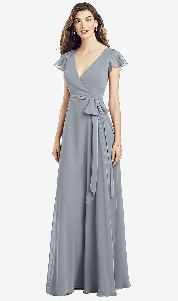 Flutter Sleeve Faux Wrap Chiffon Bridesmaid Dress In Platinum