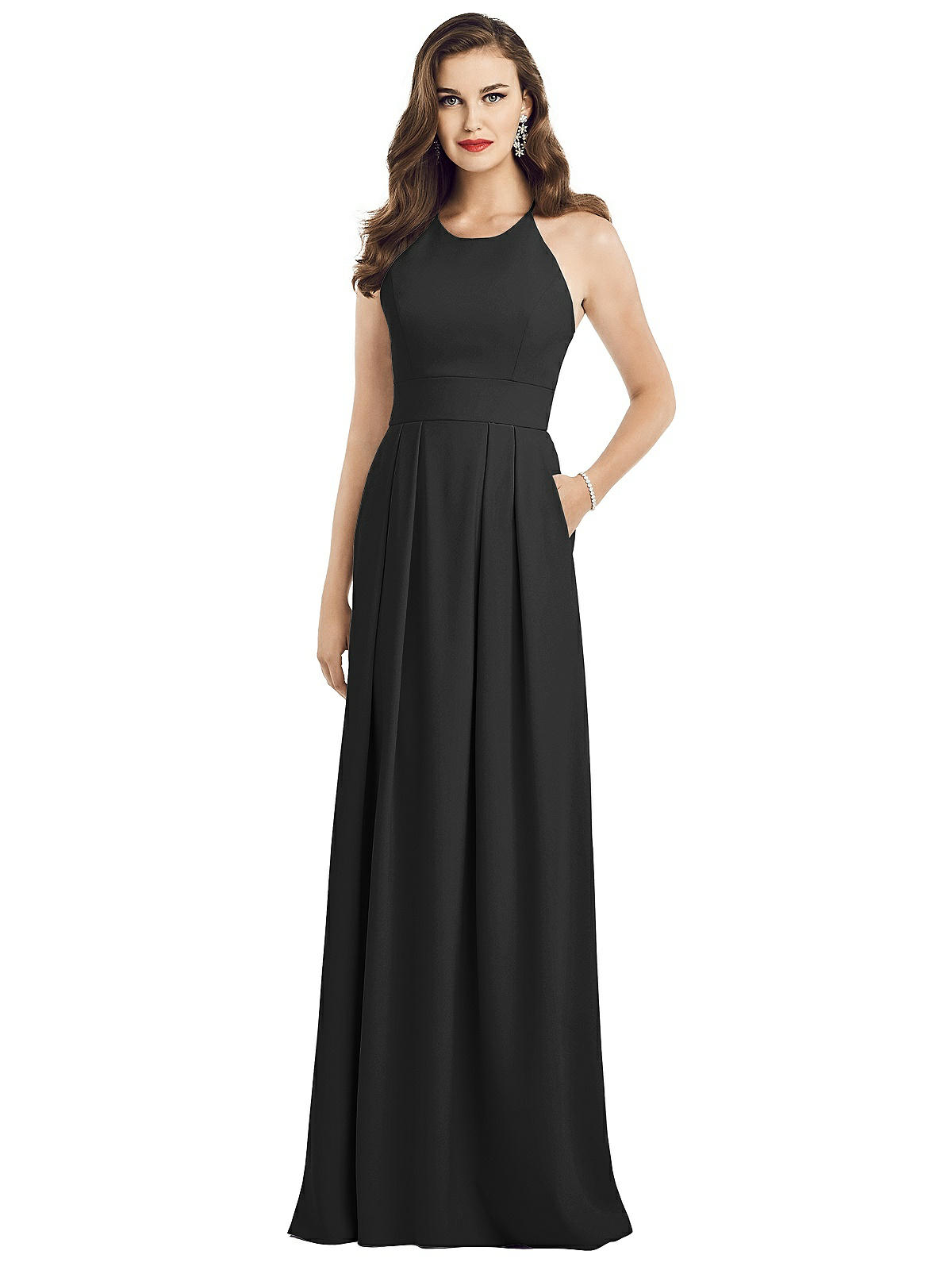 Criss Cross Back Crepe Halter Bridesmaid Dress With Pockets In Black