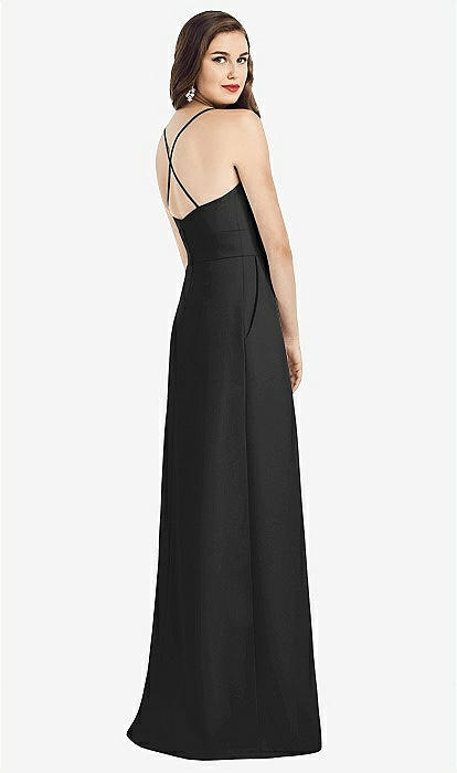 Criss Cross Back Crepe Halter Bridesmaid Dress With Pockets In Black