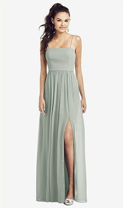 Slim Spaghetti Strap Chiffon Bridesmaid Dress With Front Slit In Willow  Green