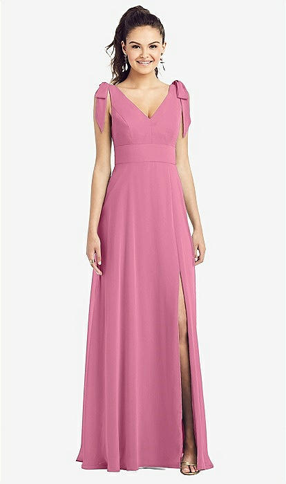 Bow-shoulder V-back Chiffon Bridesmaid Dress With Front Slit In