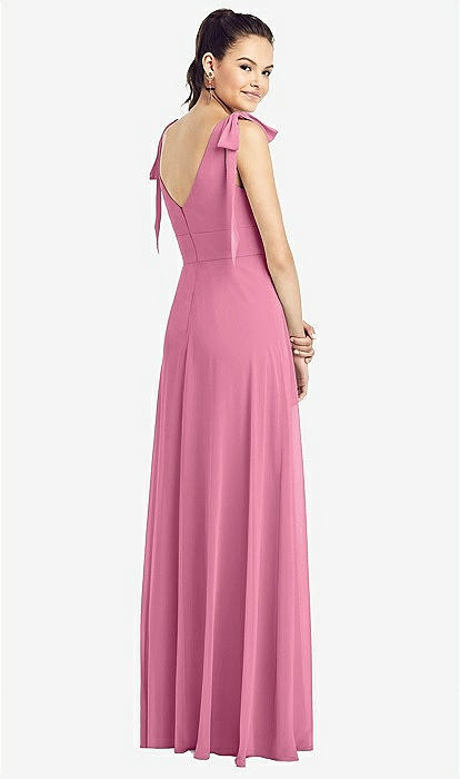 Bow-shoulder V-back Chiffon Bridesmaid Dress With Front Slit In Orchid Pink