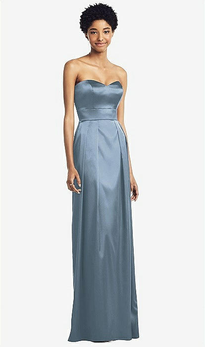 Strapless chiffon a-line dress with gathered bodice and sweetheart