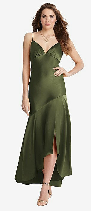 Jewel Neck Sleeveless Maxi Bridesmaid Dress With Bias Skirt In Olive Green