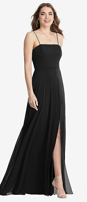G0826 Square Neck Pearl Detailed Evening Dress Black
