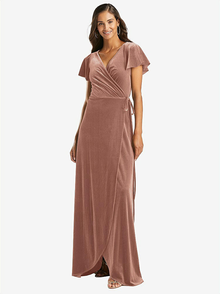 Flutter Sleeve Velvet Midi Wrap Bridesmaid Dress With Pockets In Tawny Rose