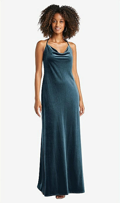 Cowl-neck Convertible Velvet Maxi Slip Bridesmaid Dress - Sloan In Dutch  Blue