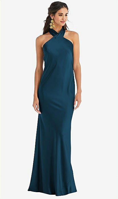Satin Halter Gown with Bow Back Detail