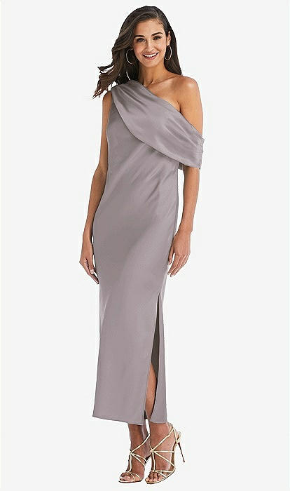 Draped One-shoulder Convertible Midi Slip Bridesmaid Dress In Cashmere Gray