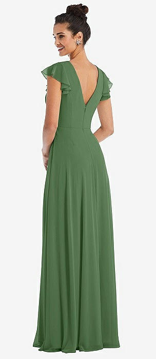 Flutter Sleeve Scoop Open-Back Chiffon Maxi Dress