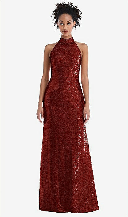 Stand Collar Halter Sequin Trumpet Bridesmaid Dress In Burgundy