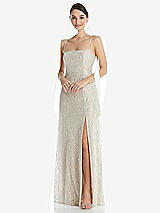 Front View Thumbnail - Champagne Metallic Lace Trumpet Dress with Adjustable Spaghetti Straps