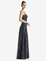 Side View Thumbnail - Midnight Navy Metallic Lace Trumpet Dress with Adjustable Spaghetti Straps