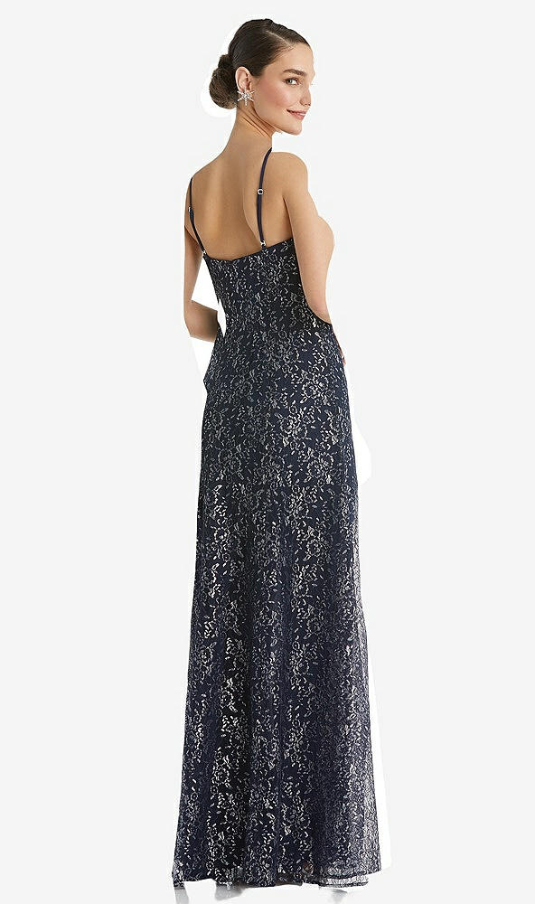 Back View - Midnight Navy Metallic Lace Trumpet Dress with Adjustable Spaghetti Straps