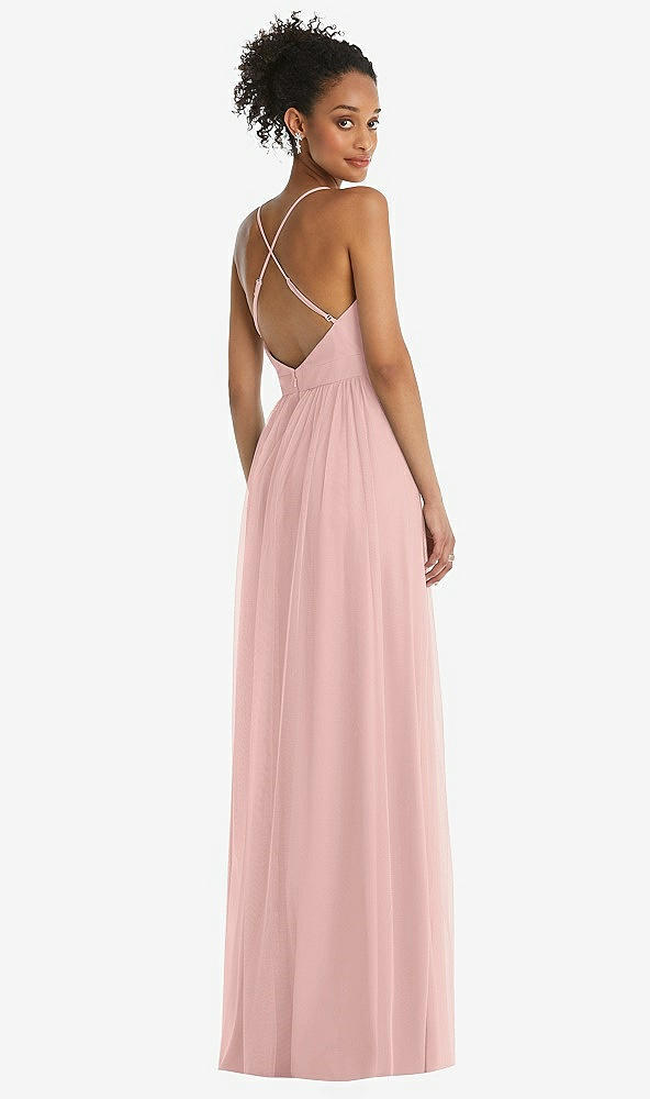 Back View - Rose - PANTONE Rose Quartz & Light Nude Illusion Deep V-Neck Tulle Maxi Dress with Adjustable Straps