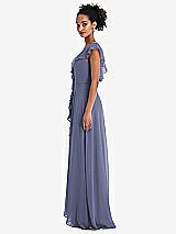 Side View Thumbnail - French Blue Ruffle-Trimmed V-Back Chiffon Maxi Dress