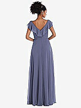 Rear View Thumbnail - French Blue Ruffle-Trimmed V-Back Chiffon Maxi Dress