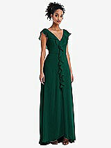 Front View Thumbnail - Hunter Green Ruffle-Trimmed V-Back Chiffon Maxi Dress