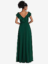 Rear View Thumbnail - Hunter Green Ruffle-Trimmed V-Back Chiffon Maxi Dress