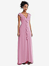 Front View Thumbnail - Powder Pink Ruffle-Trimmed V-Back Chiffon Maxi Dress