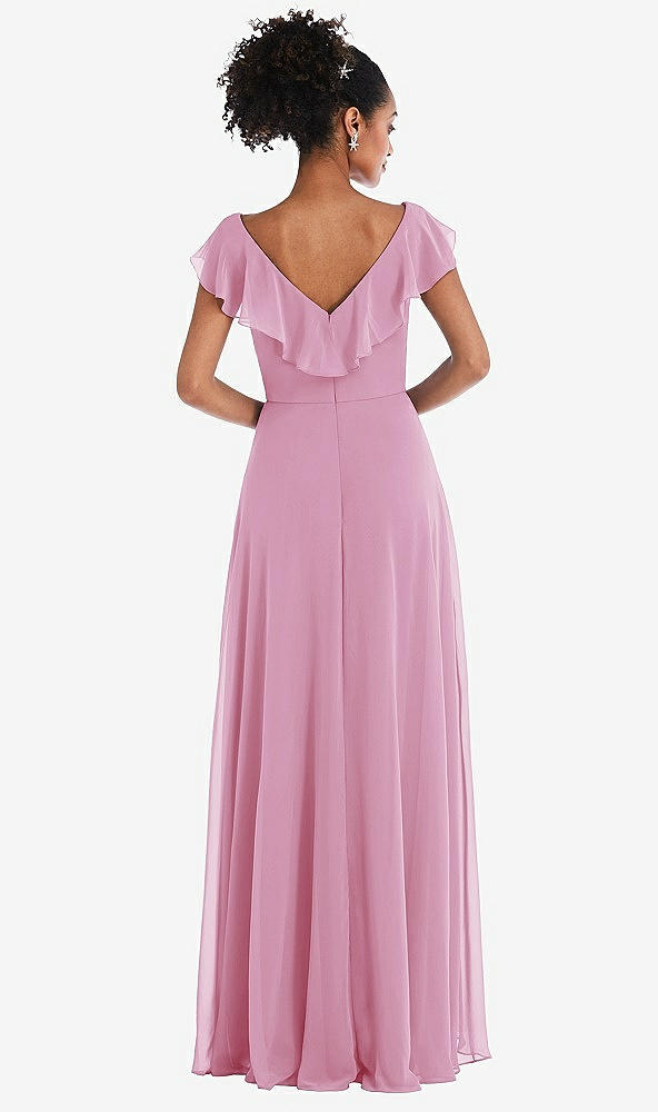 Back View - Powder Pink Ruffle-Trimmed V-Back Chiffon Maxi Dress
