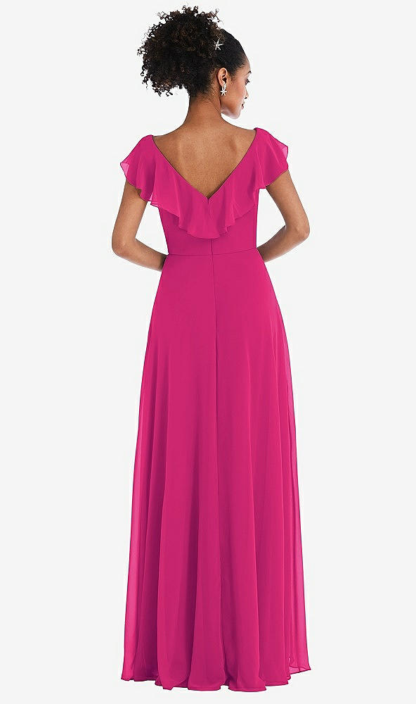 Back View - Think Pink Ruffle-Trimmed V-Back Chiffon Maxi Dress