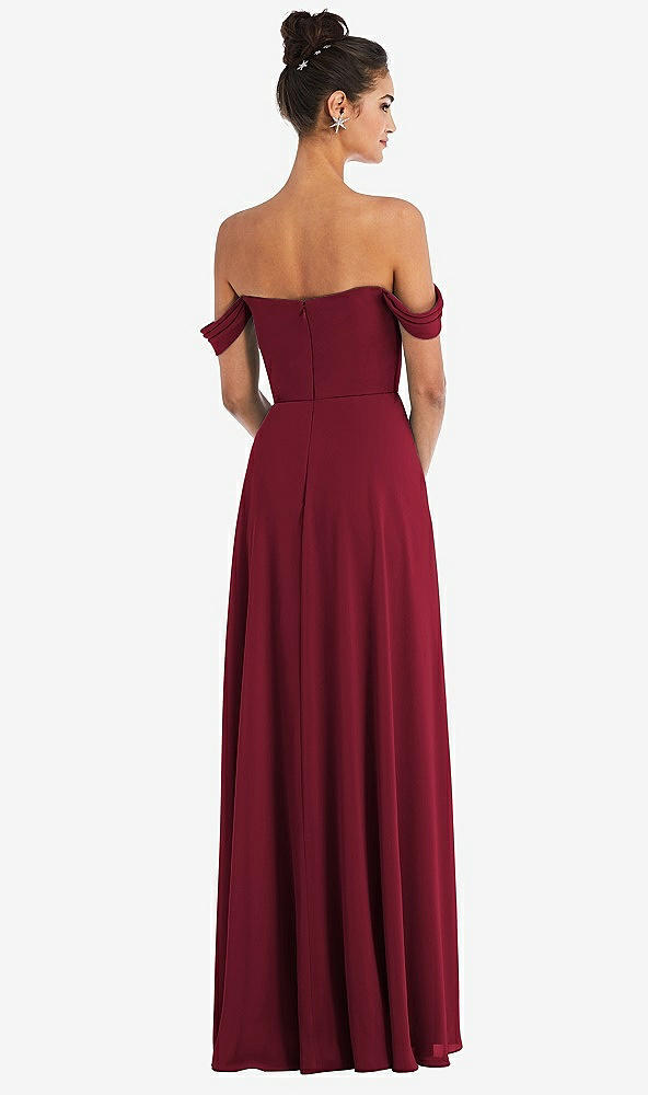 Back View - Burgundy Off-the-Shoulder Draped Neckline Maxi Dress